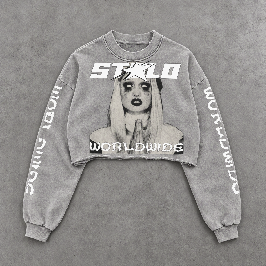 Light-gray STOLO cropped sweater flat lay