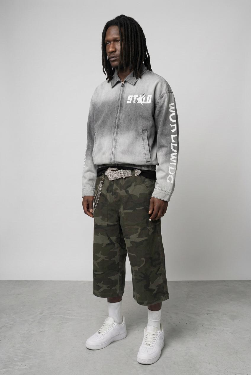 Light-grey jacket three-quarter with camo shorts