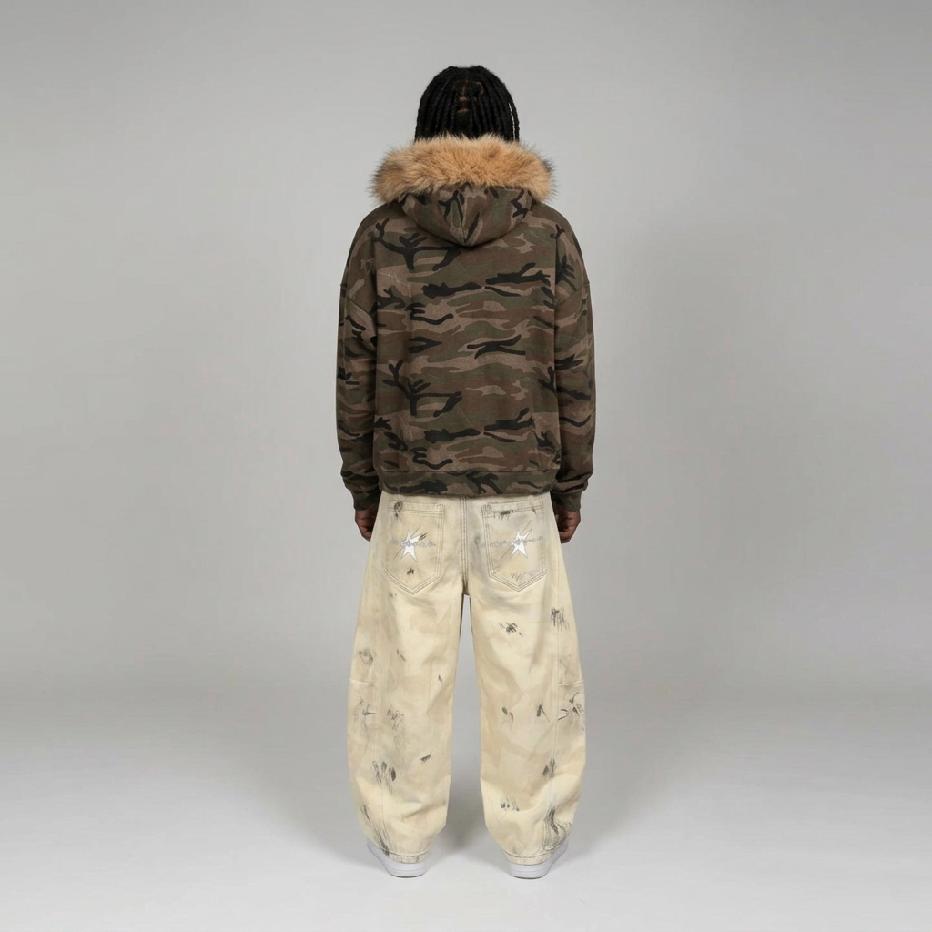 Matching hood-up back view