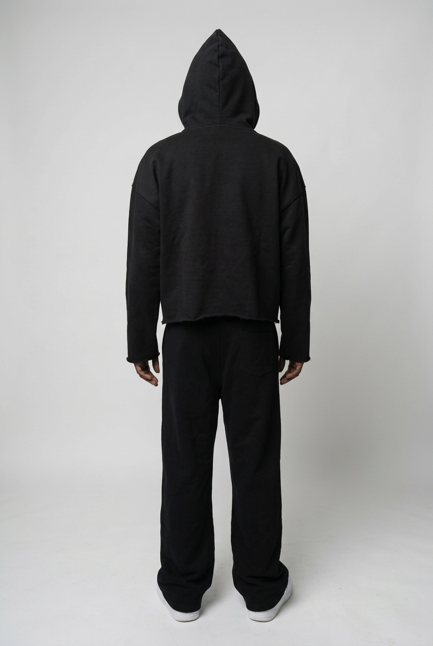 Matching studio back view of black hoodie and pants