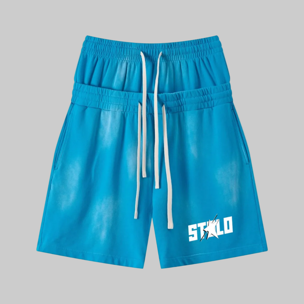 320GSM Heavyweight Cotton Slub Spray Wash Relaxed Fit Shorts Vintage Blue