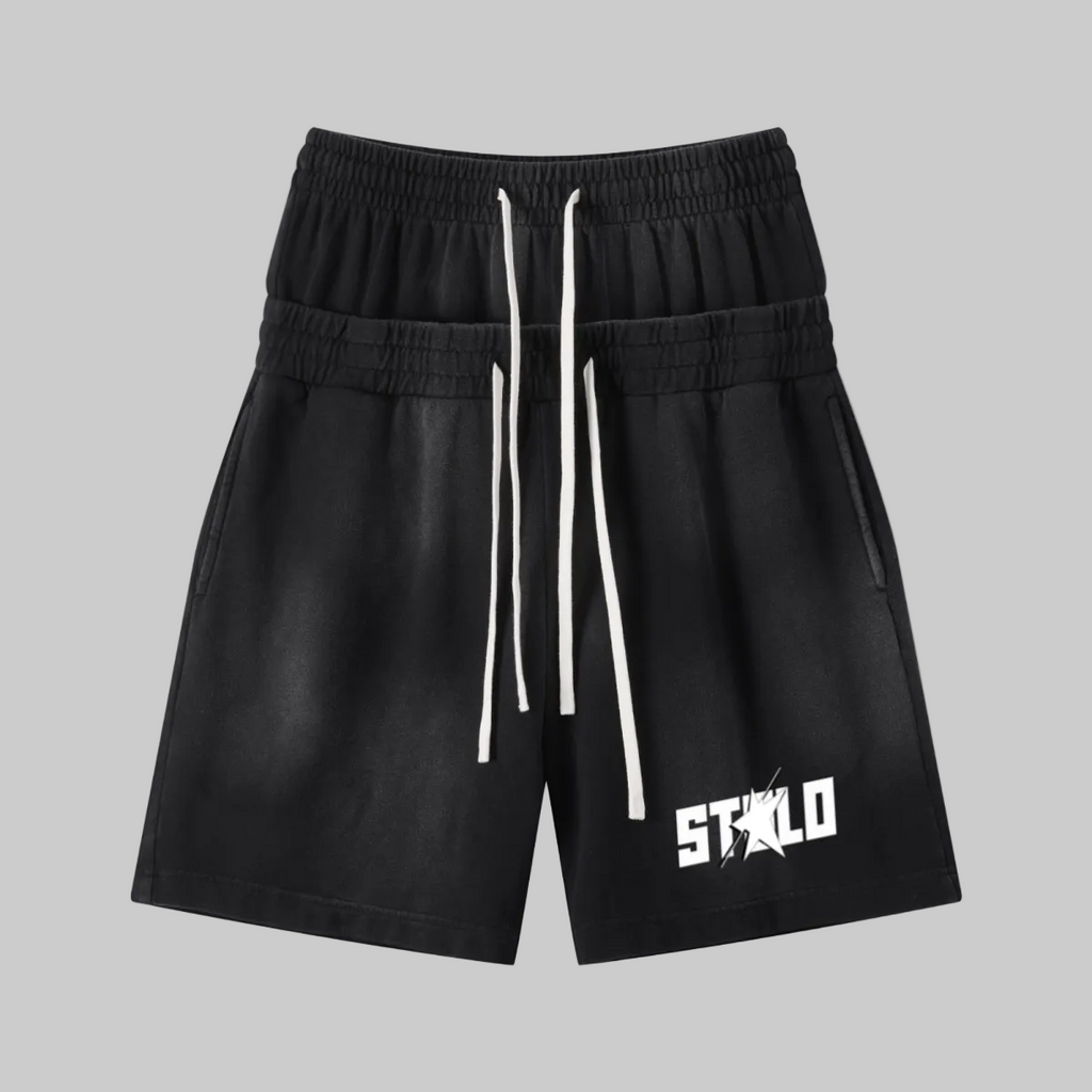 320GSM Heavyweight Cotton Slub Spray Wash Relaxed Fit Shorts Vintage Black