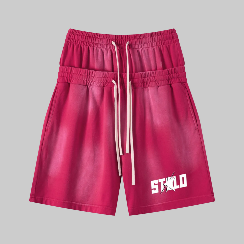 320GSM Heavyweight Cotton Slub Spray Wash Relaxed Fit Shorts Vintage Red