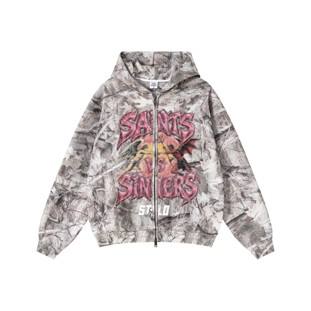 340GSM Unisex Heat Transfer Desert Camouflage Zip-Up Hoodie 	Branch Camouflage