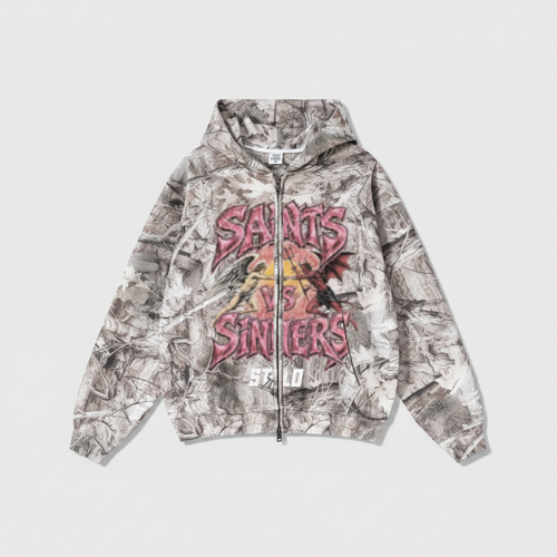 340GSM Unisex Heat Transfer Desert Camouflage Zip-Up Hoodie 	Branch Camouflage