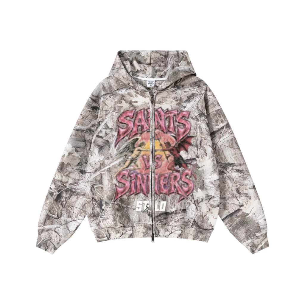 340GSM Unisex Heat Transfer Desert Camouflage Zip-Up Hoodie 	Branch Camouflage