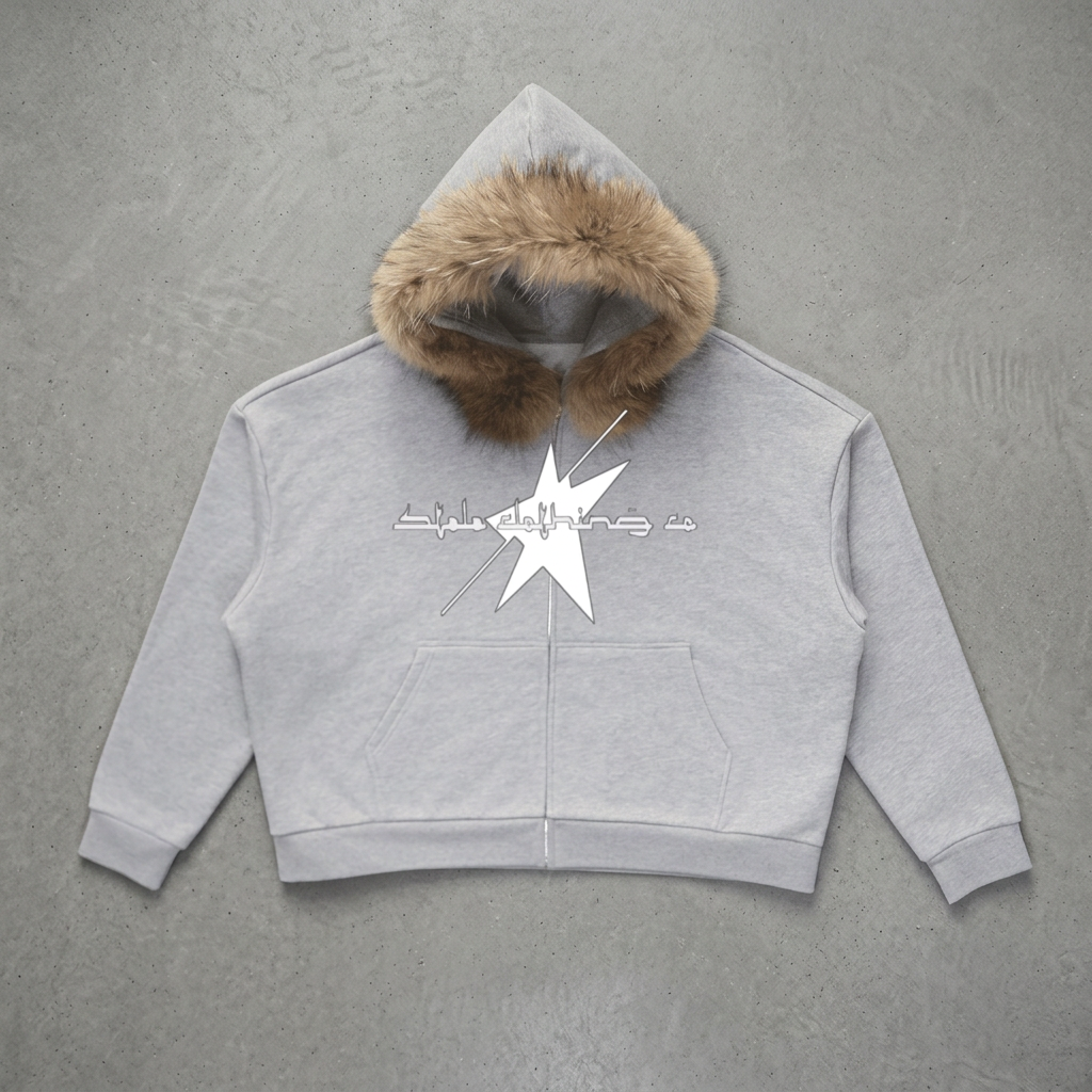 Number 2 grey fur-trim hoodie floor visual