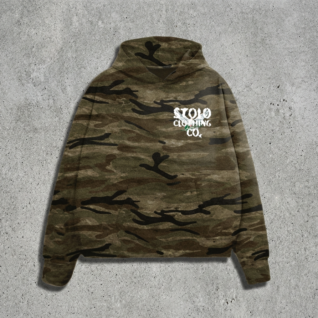 Original camo hoodie with a concrete-floor background revision