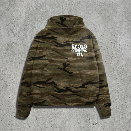 Original camo hoodie with a concrete-floor background revision