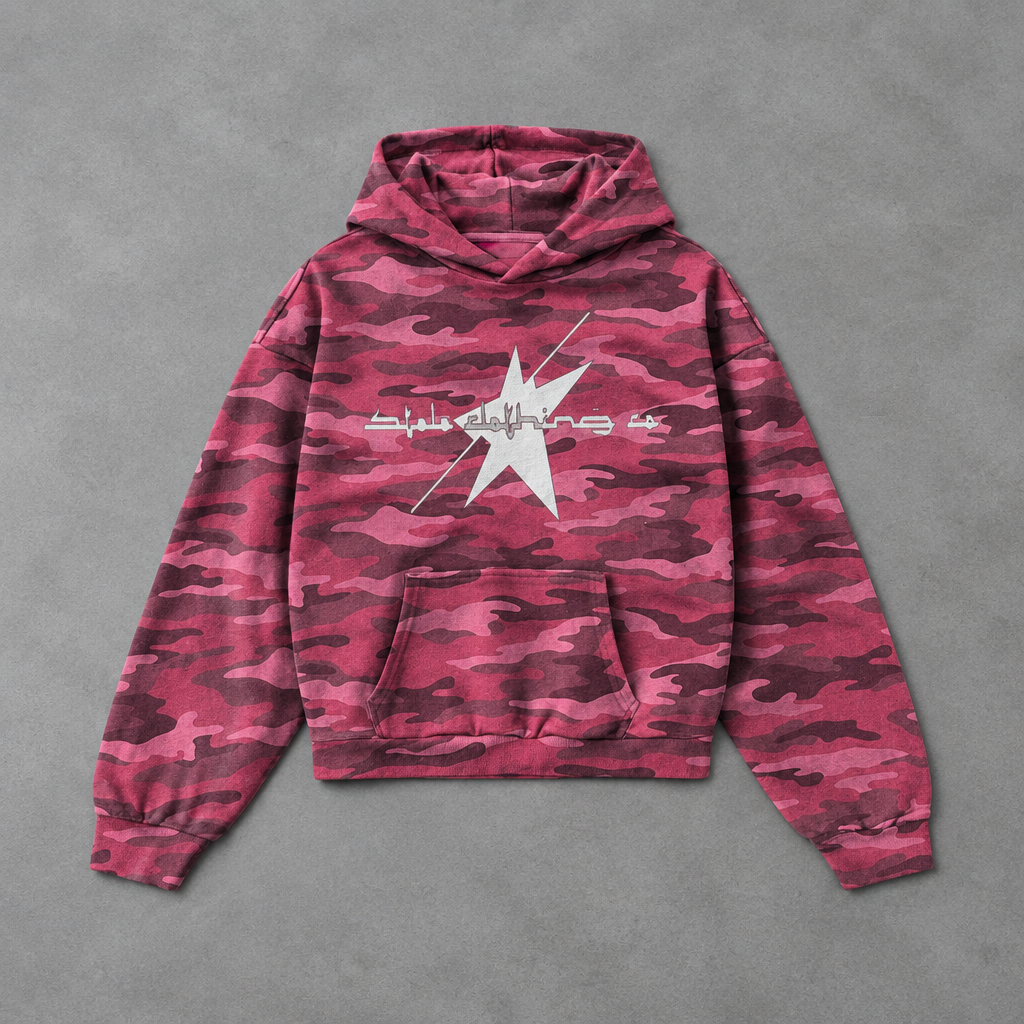 Pink camo hoodie flat lay