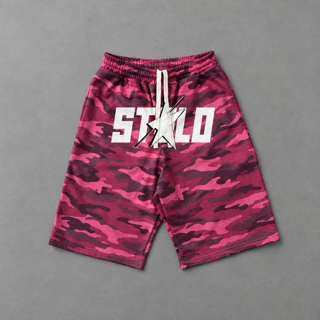 Pink camo shorts flat lay
