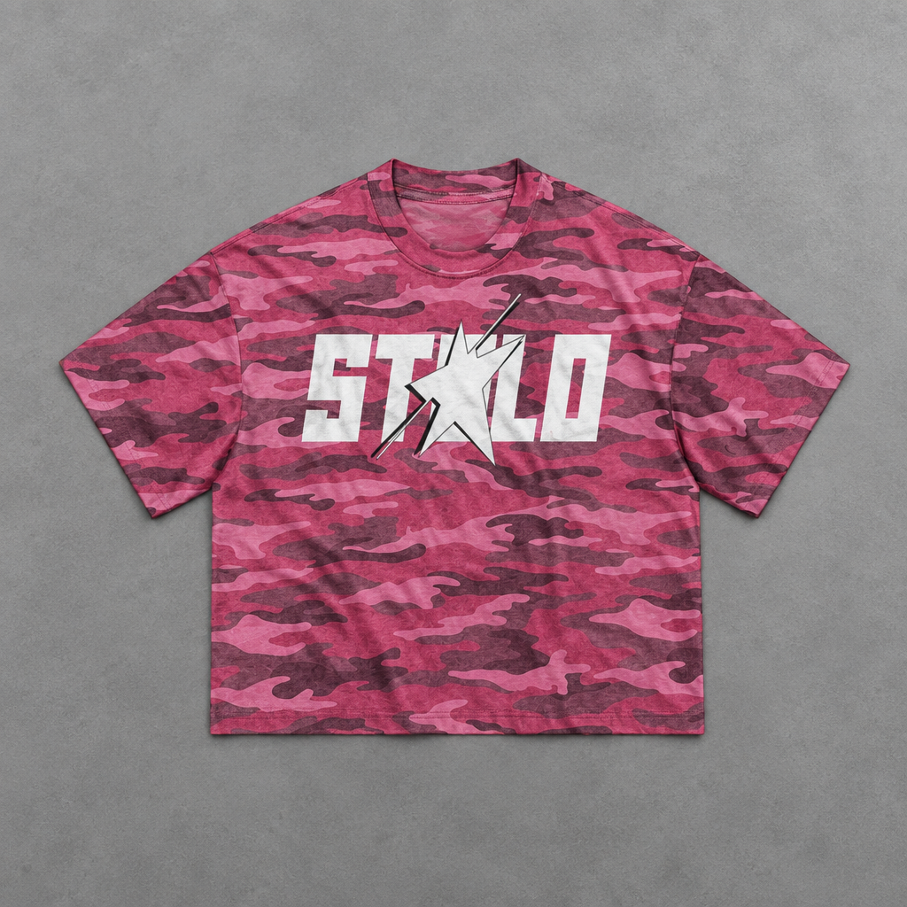 Pink camo tee flat lay