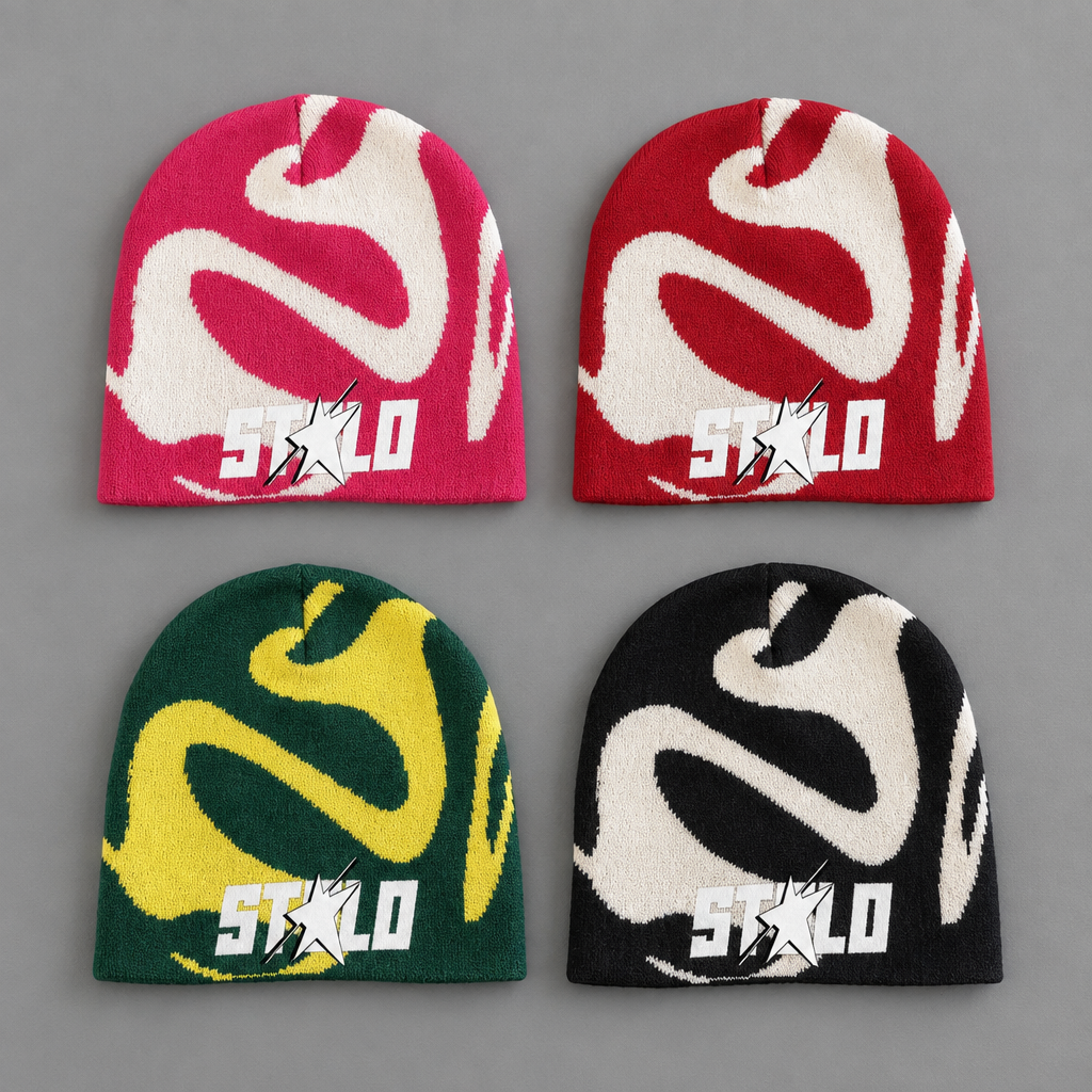 Pink, red, green, and black STOLO beanies together