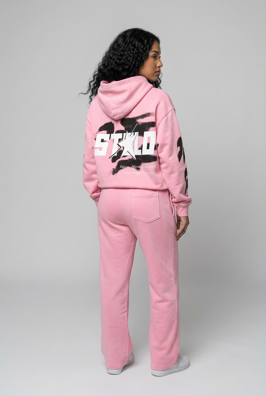 Pink set confident over-the-shoulder back angle