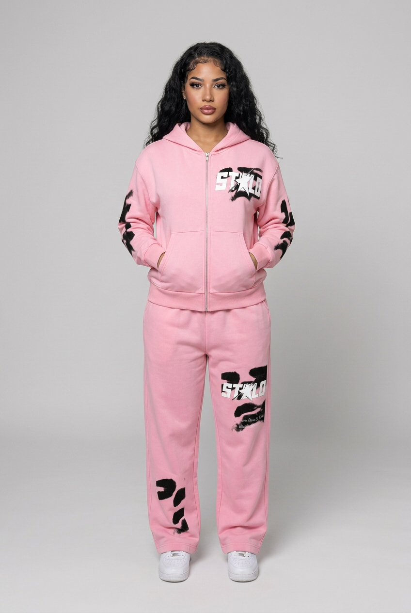Pink set front hands-in-pockets pose