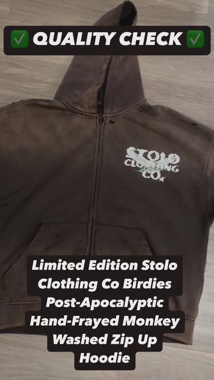 Limited Edition Stolo Clothing Co Birdies Post-Apocalyptic Pure Cotton Hand-Frayed Monkey Washed Double Zip Up Hoodie