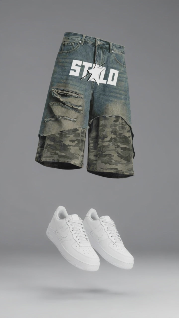 Stolo Clothing Co STARCHILD Unisex Half Camouflage Half Frayed Denim Shorts (JORTS)