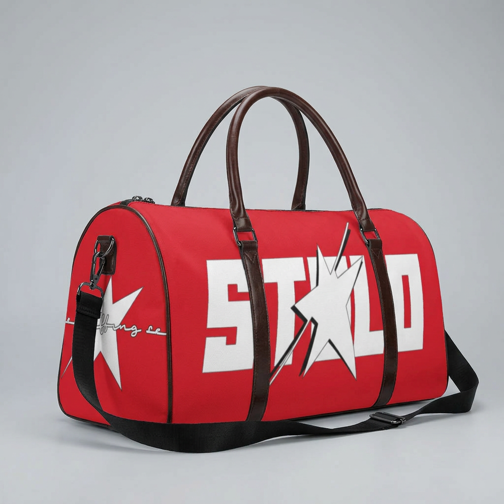 Red duffle studio shot with side logo