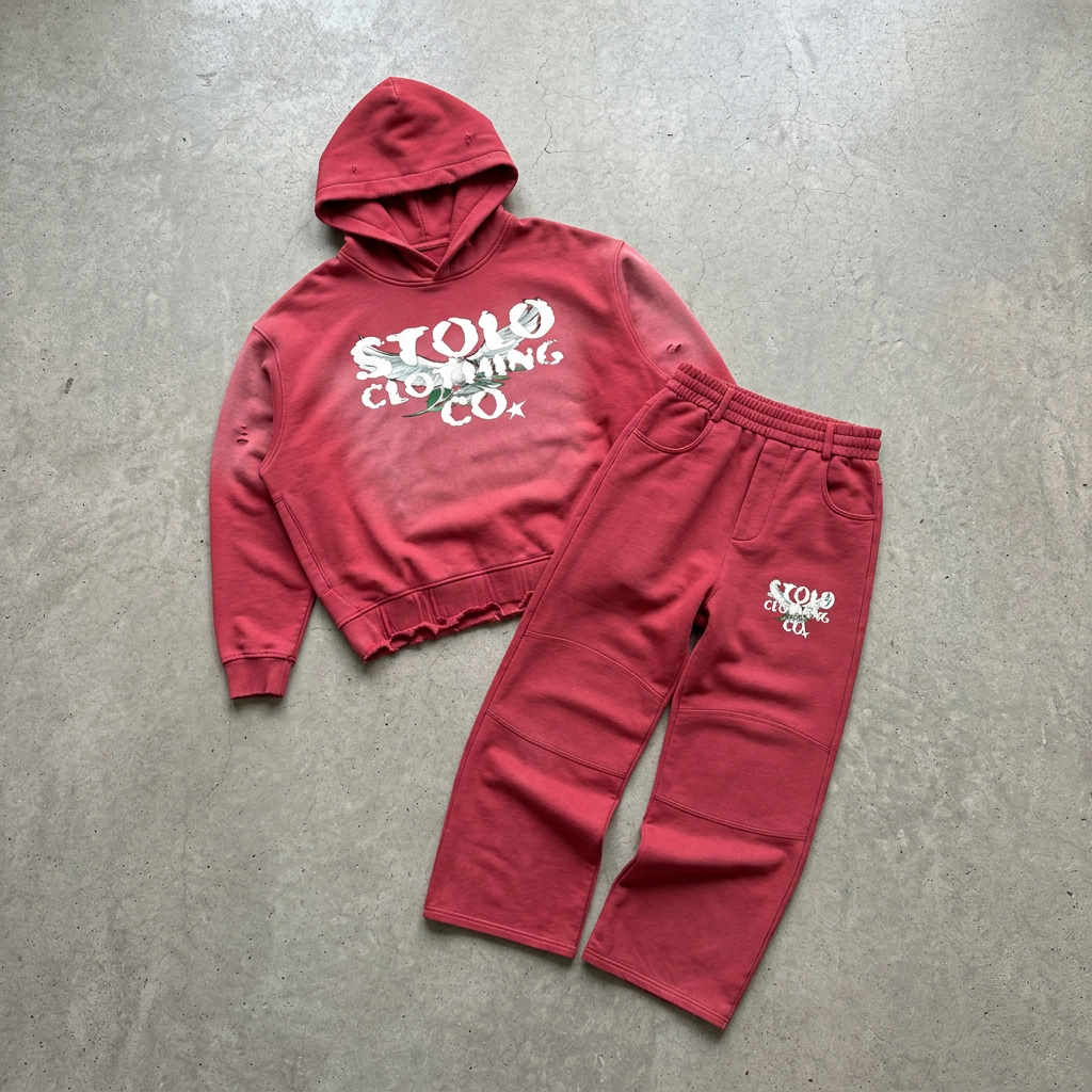 Red STOLO hoodie and pants laid naturally on grey concrete
