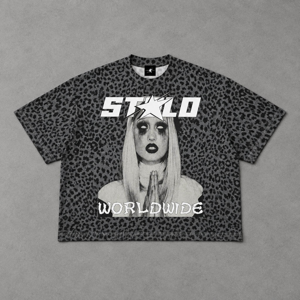 Remade black-and-gray leopard STOLO WORLDWIDE tee floor lay