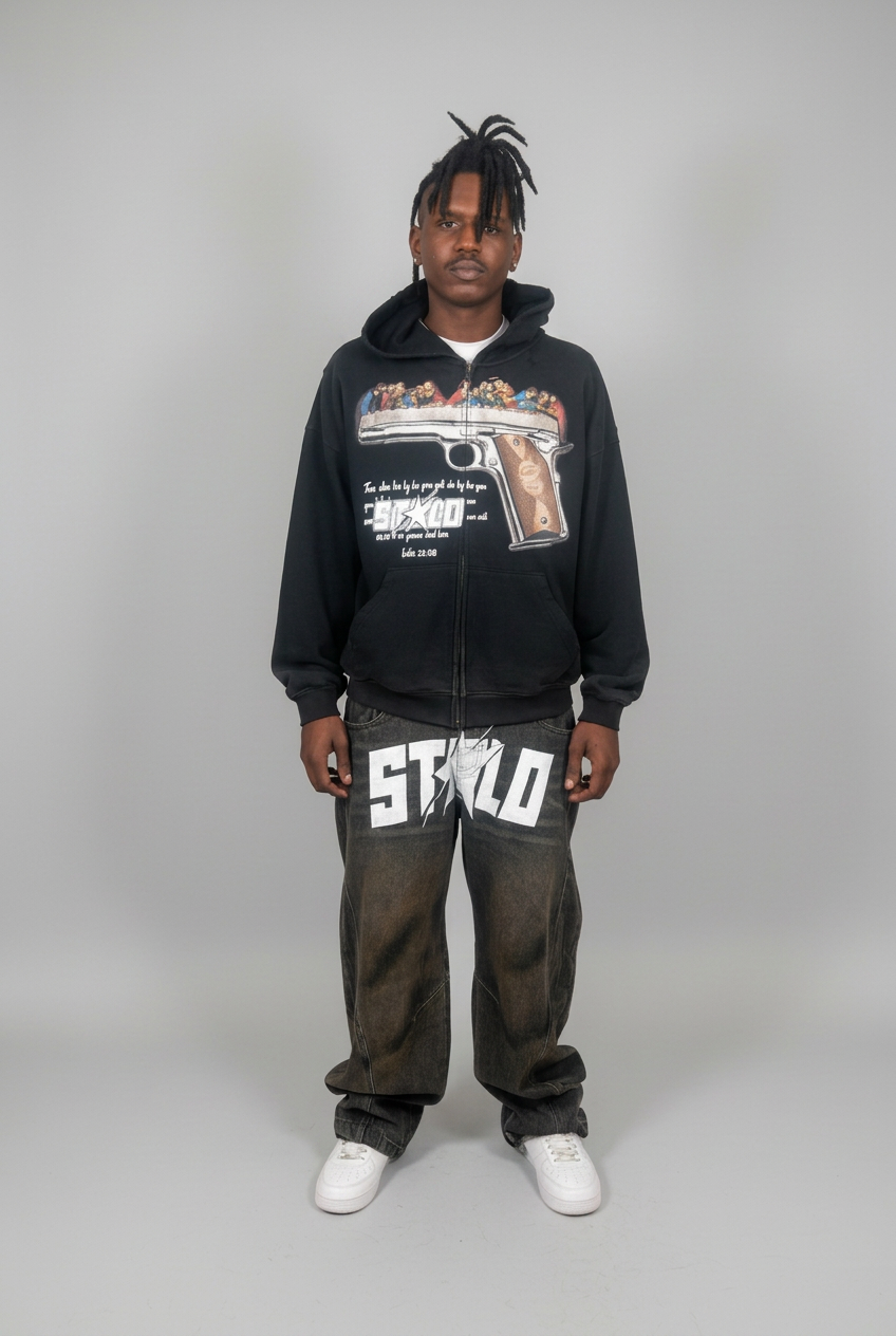 Retouched full-body hoodie photo