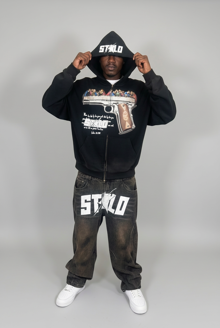 Retouched hood-up photo with jeans