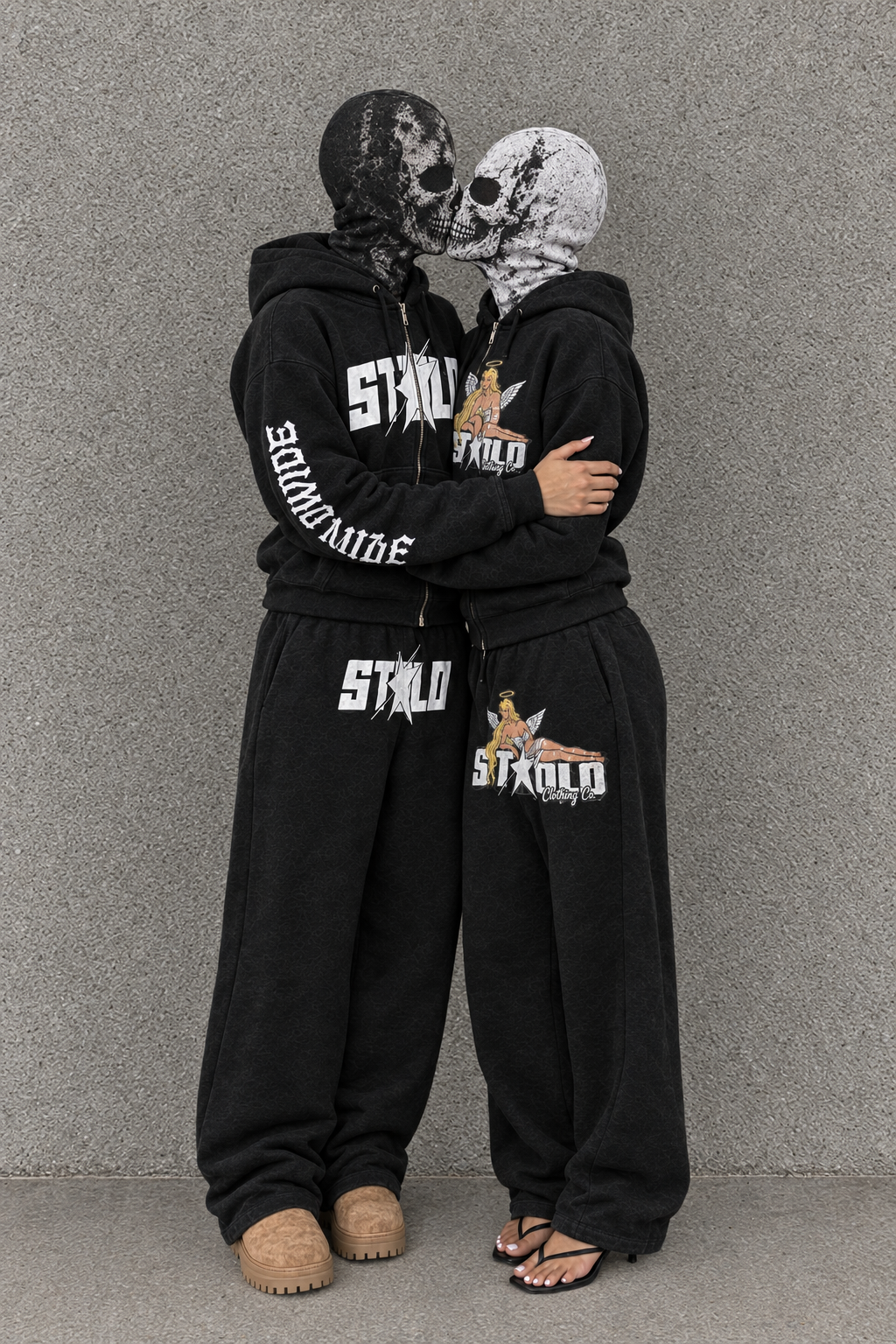 Revised full-body photo with wide-leg pants and closed mesh masks