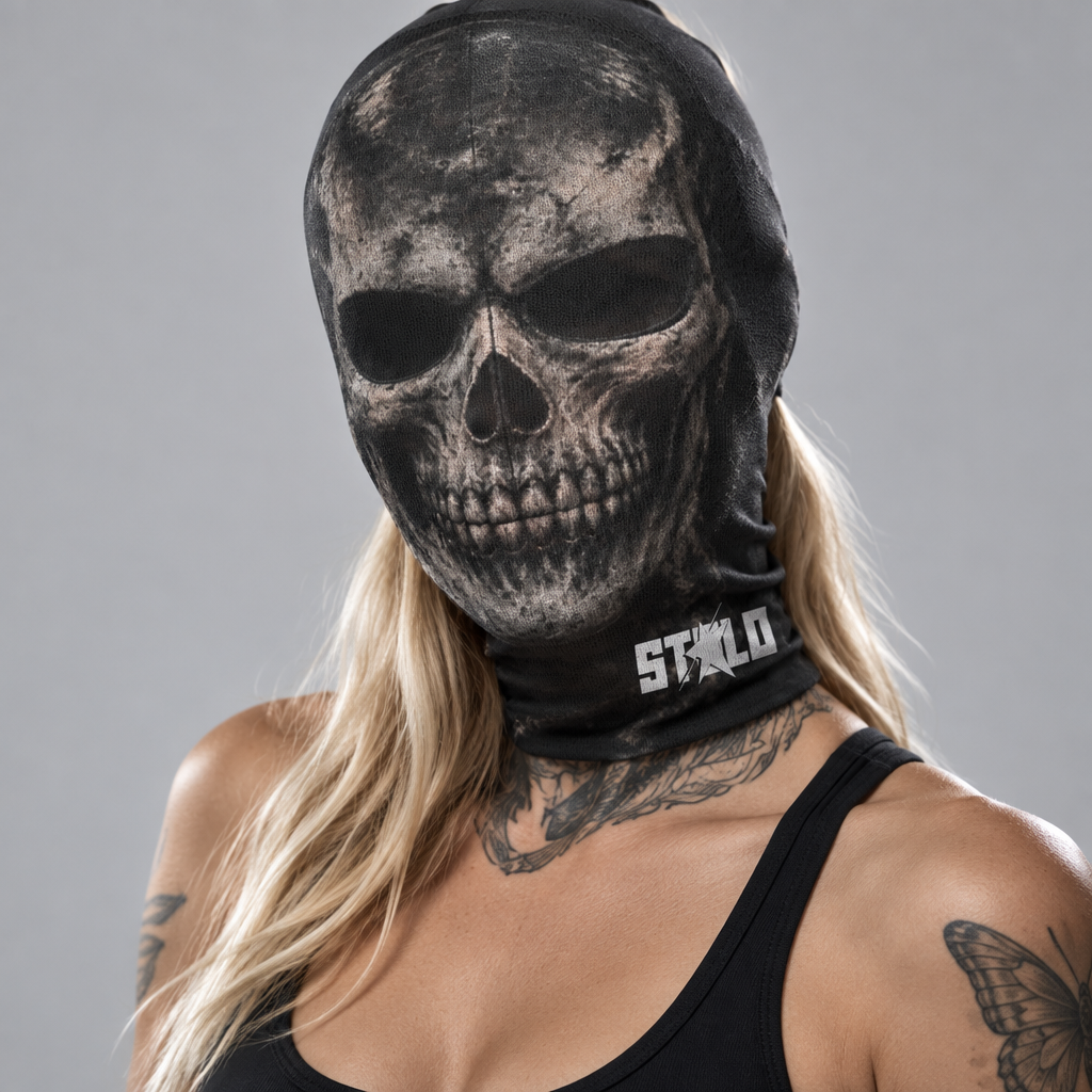 Reworked STOLO skull mask editorial portrait