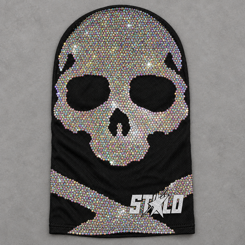 Rhinestone skull mesh mask gray-studio flat lay