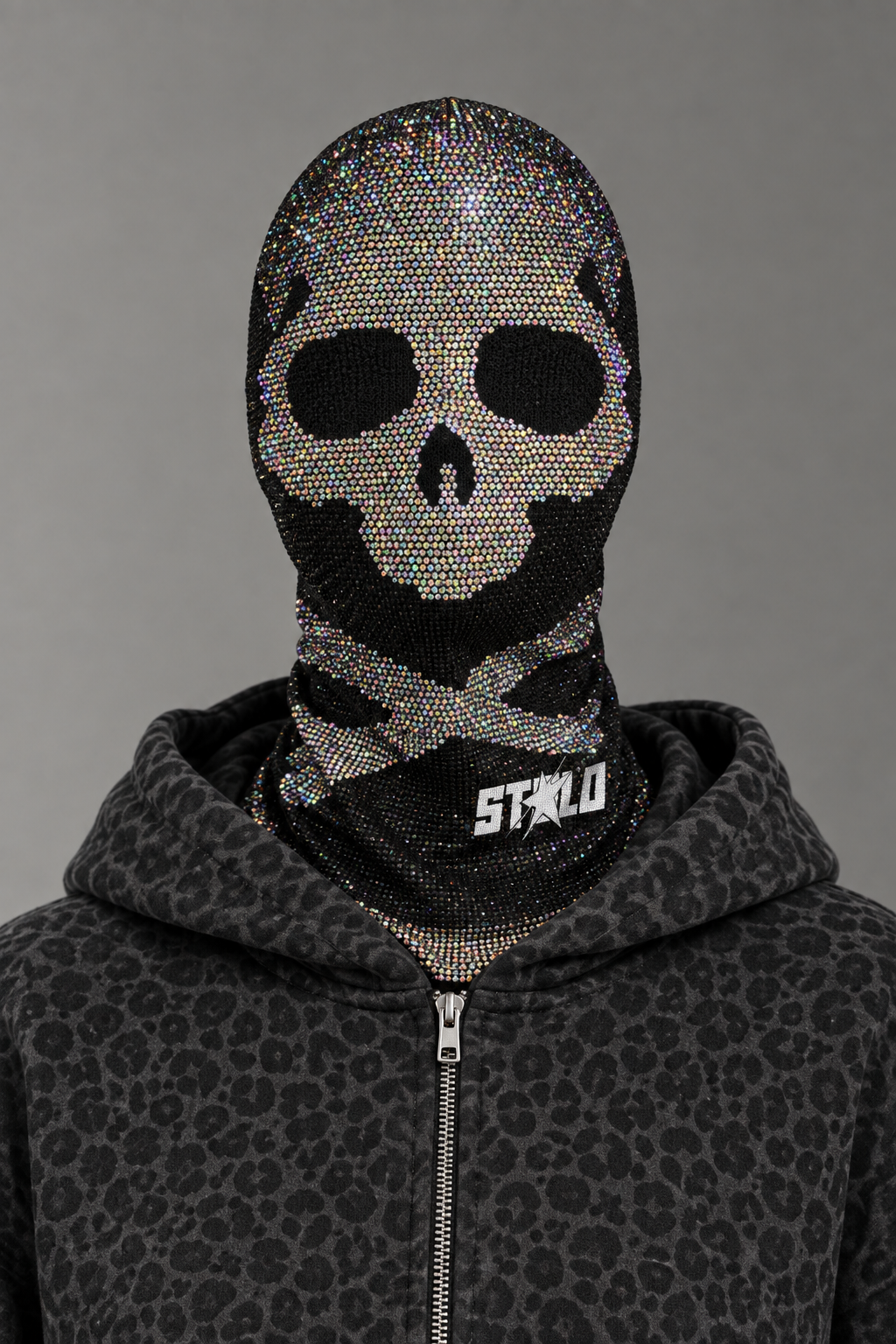 Rhinestone skull mesh mask on the model
