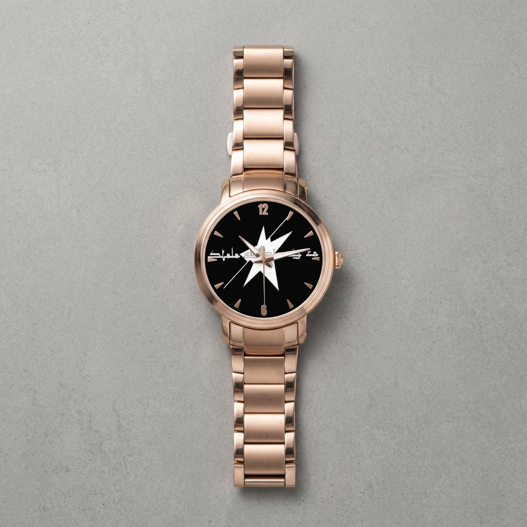 Rose gold bracelet black dial watch flat lay