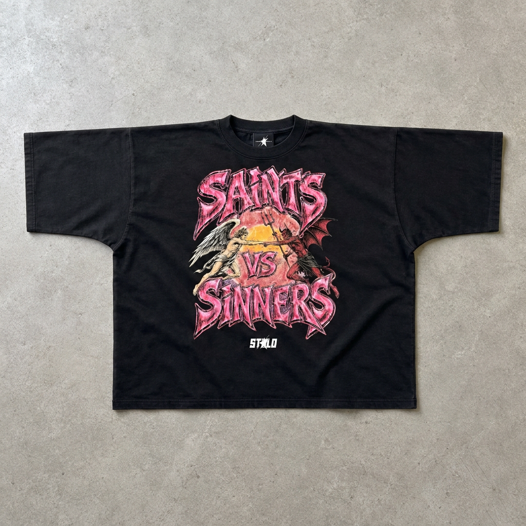 SAINTS VS SINNERS tee with neck tag