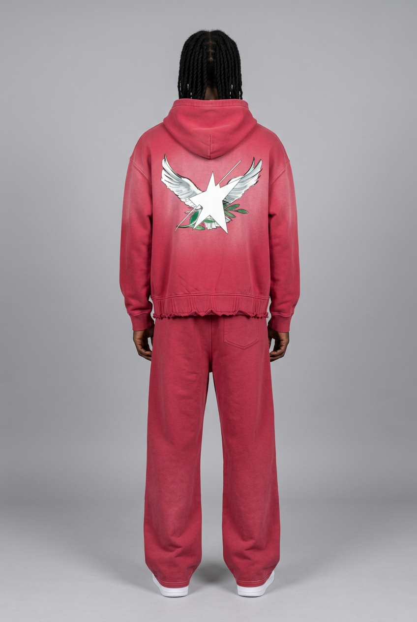 Same STOLO model wearing the red set, back view