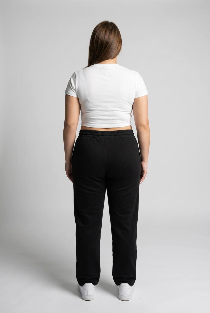 Same woman in fitted baby tee and sweatpants, back view