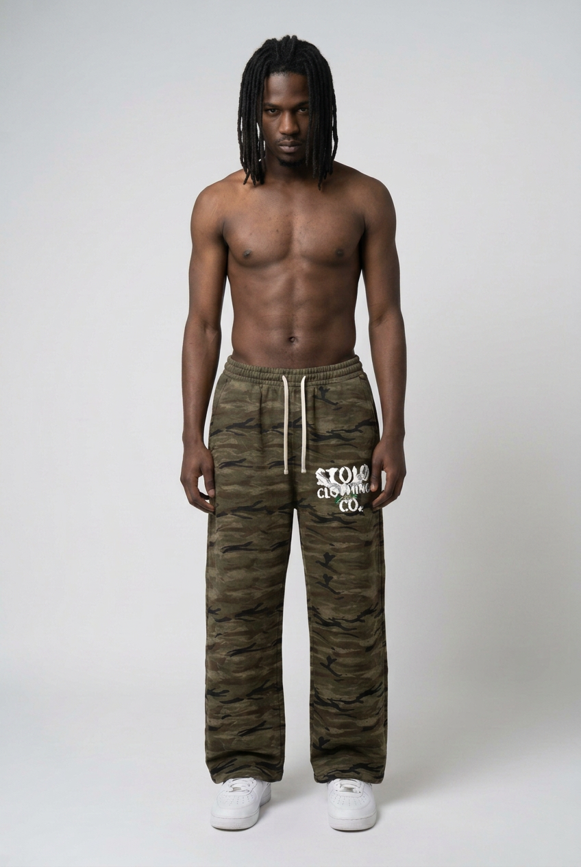 Shirtless model, camo sweatpants front