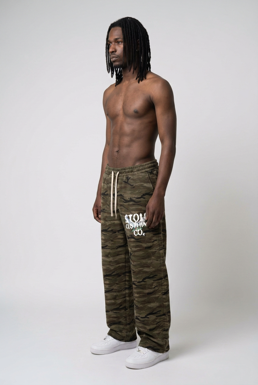 Shirtless model, camo sweatpants side