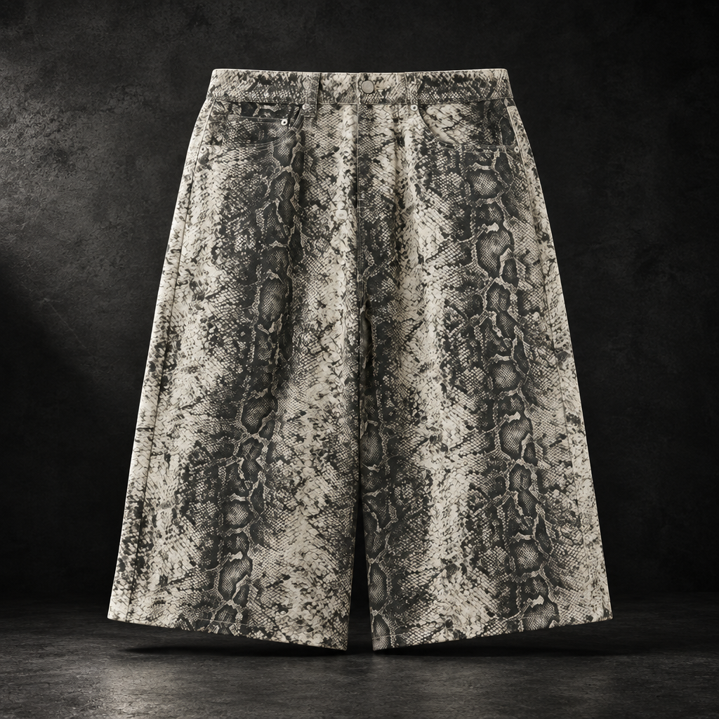 Snakeskin jorts in a bold photorealistic studio