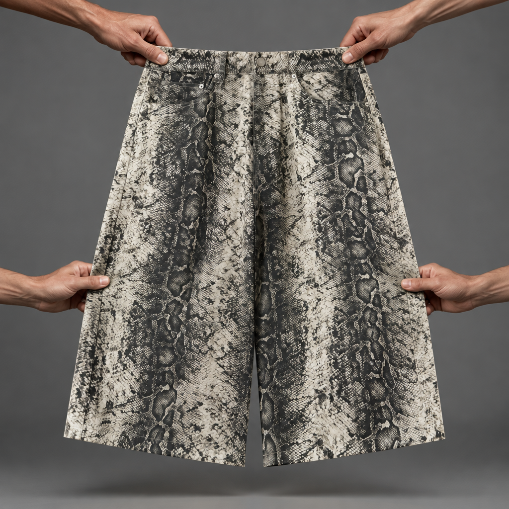 Snakeskin jorts with floating hands on a grey studio background
