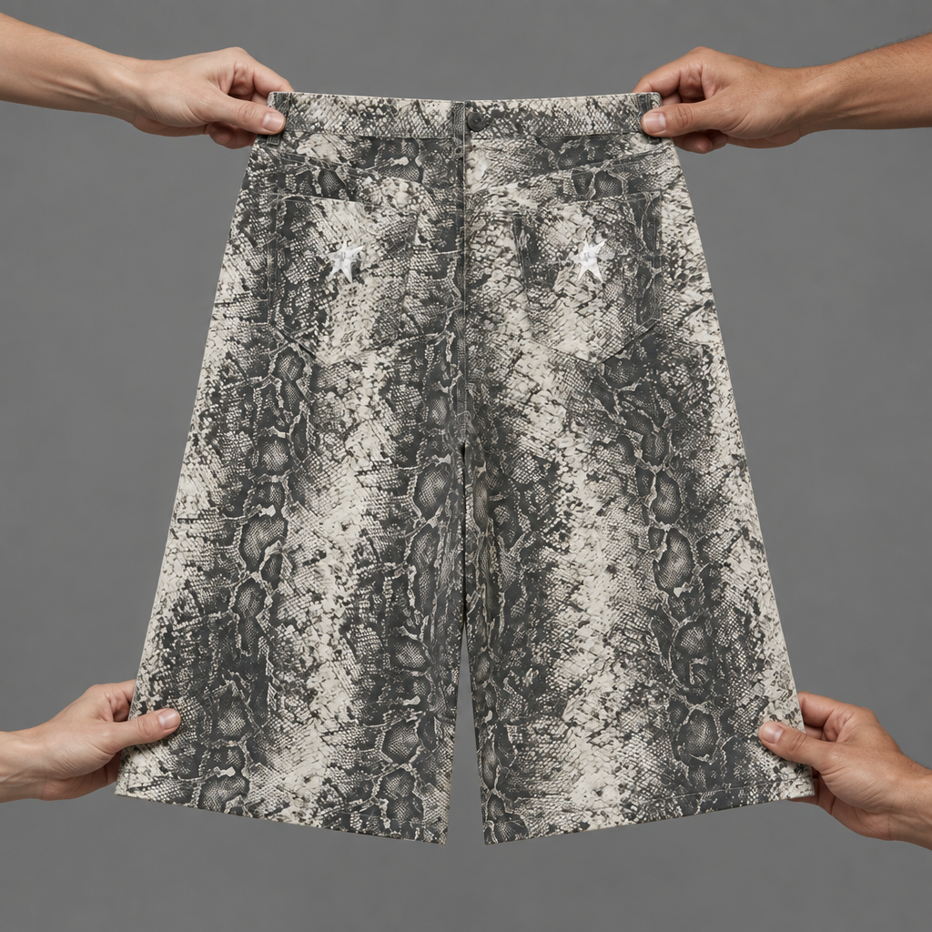 Snakeskin shorts with floating hands on a grey studio background