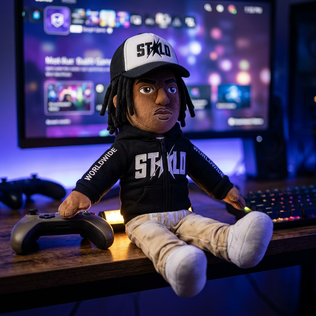 STOLO plush at a gaming setup