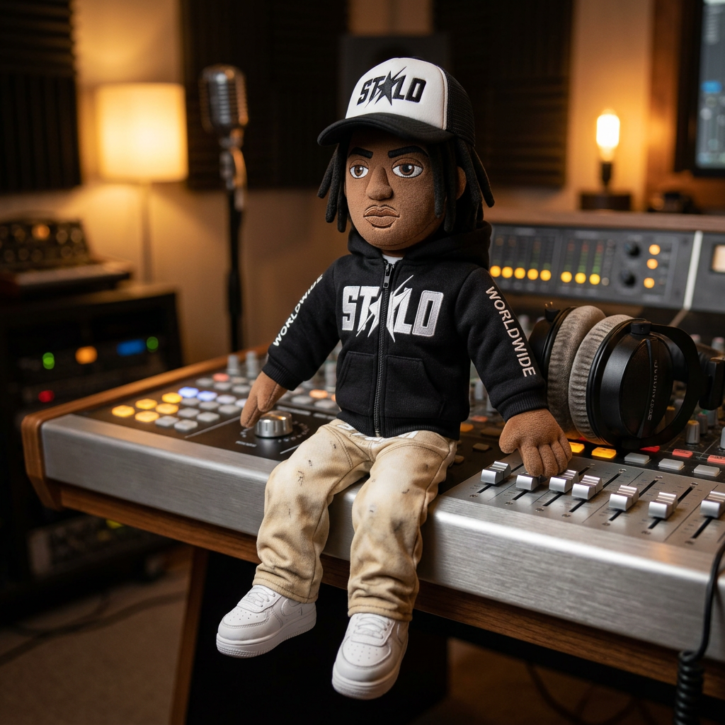 STOLO plush at a recording studio mixing desk