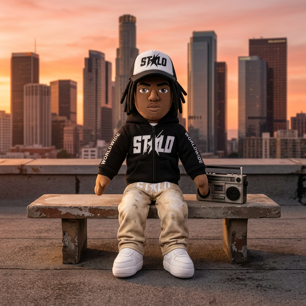 STOLO plush on a city rooftop
