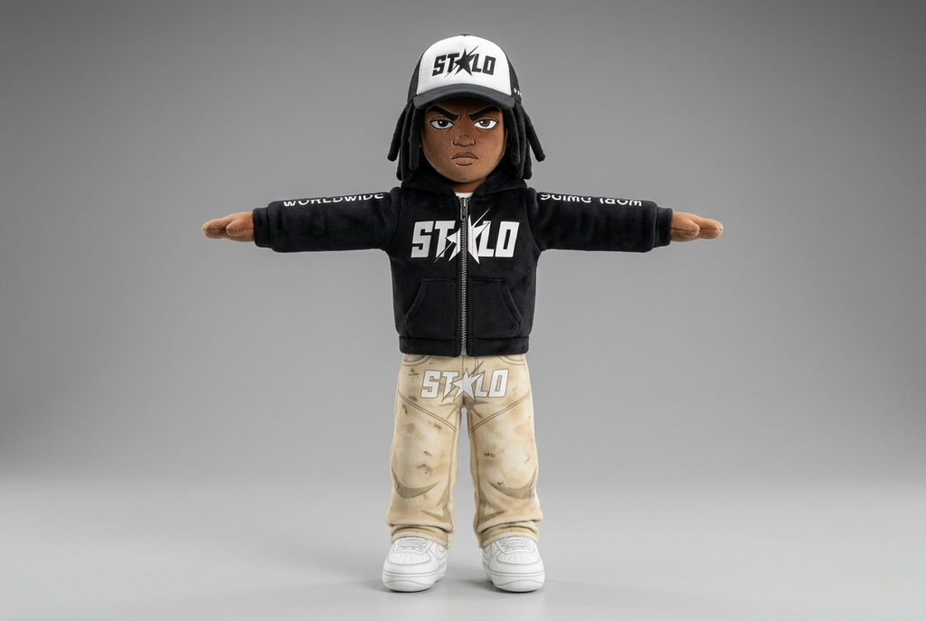 STOLO poseable plush figure with both arms extended sideways