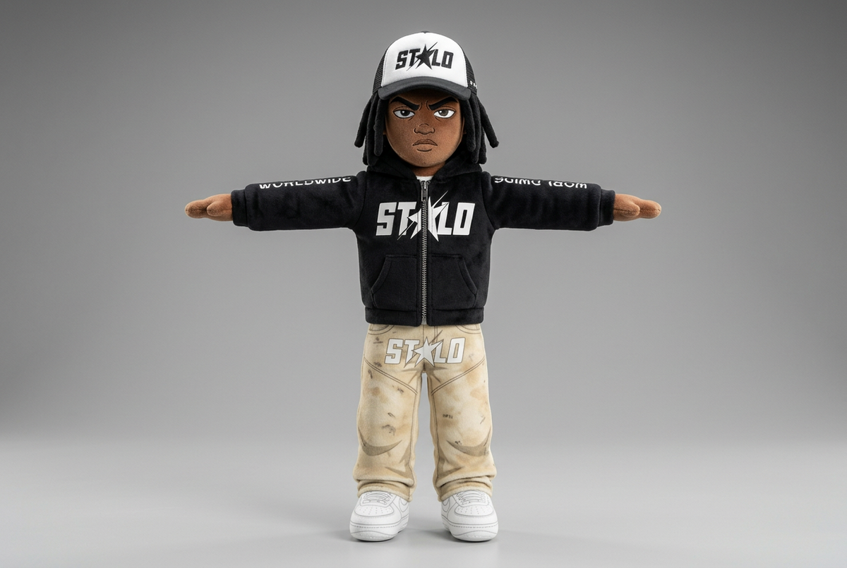 STOLO poseable plush figure with both arms extended sideways