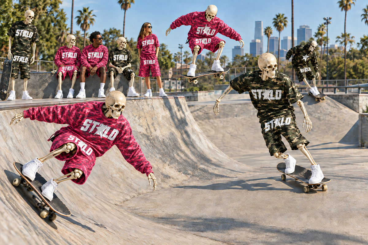 STOLO skatepark banner with hoods removed from the specified pink tops