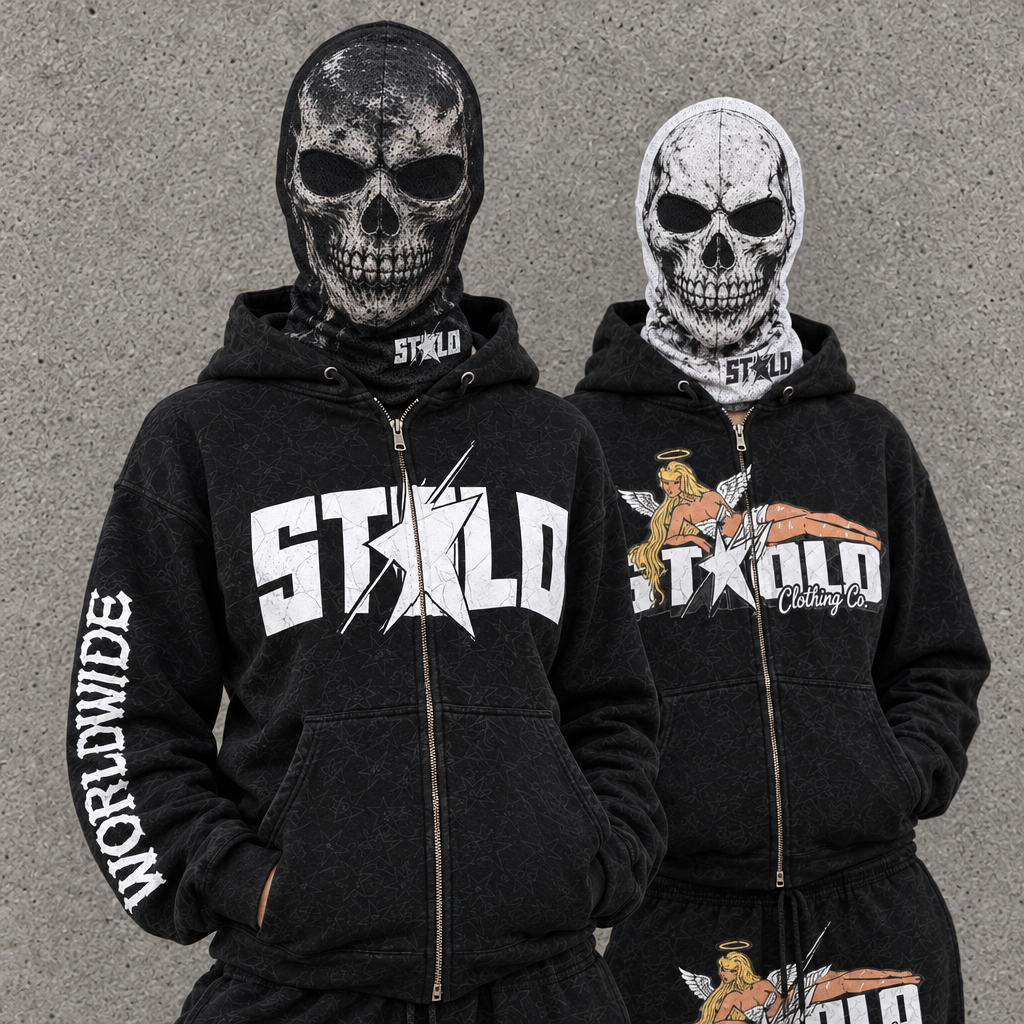 STOLO skull-mask product-card photo with both models facing camera