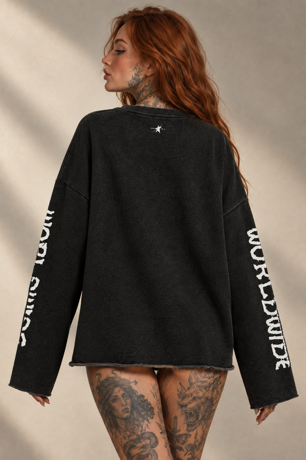 STOLO sweater back-view editorial using the supplied back reference