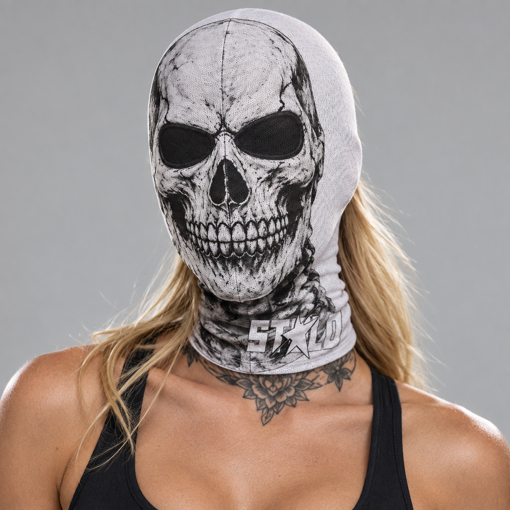 STOLO white skull full-head mesh mask studio portrait