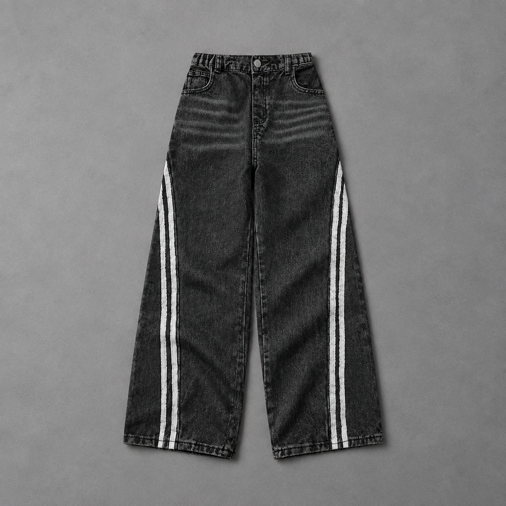 Striped jeans on grey studio floor
