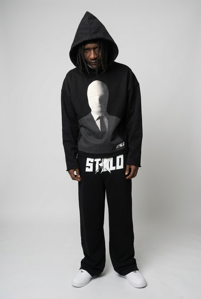 Studio edit, hood-up leaning pose